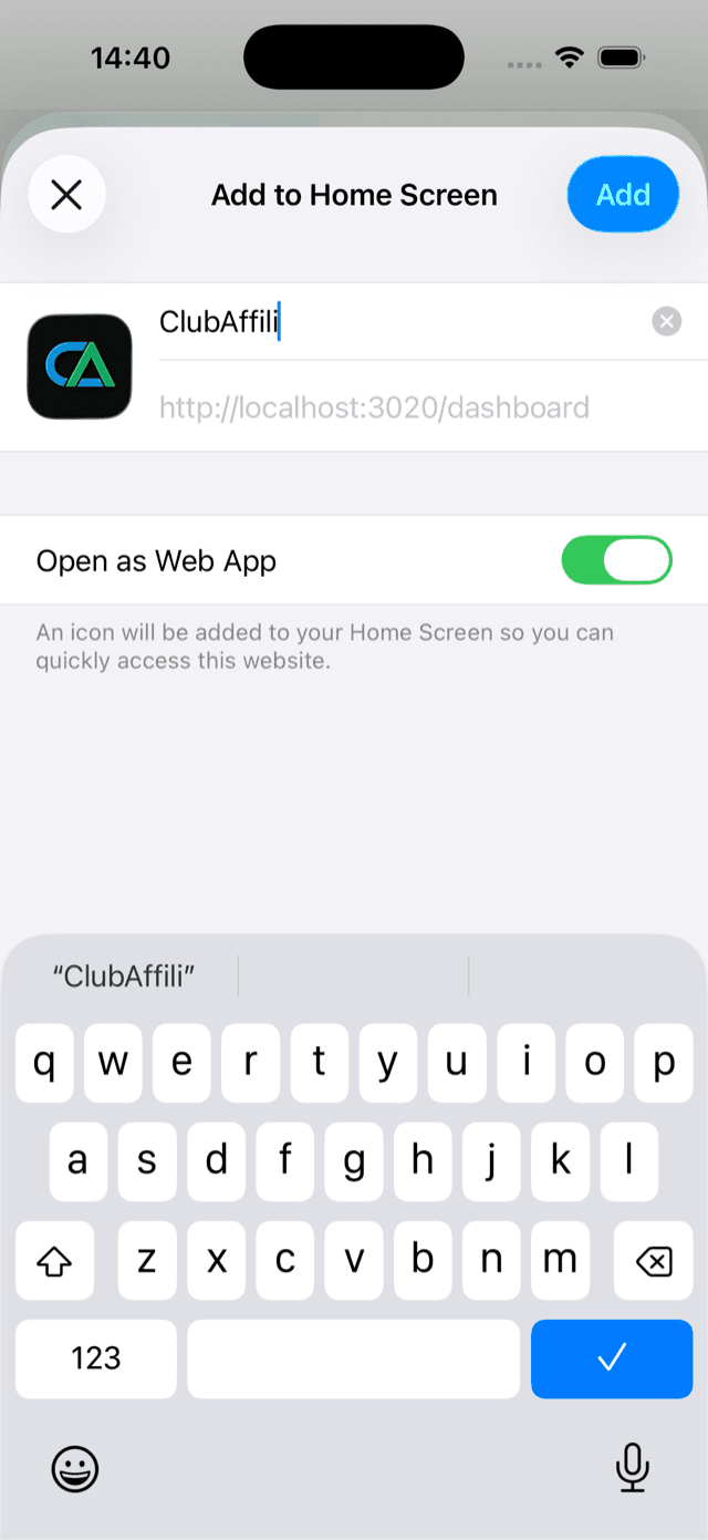 Step 5: Keep "Open as Web App" on and tap Add